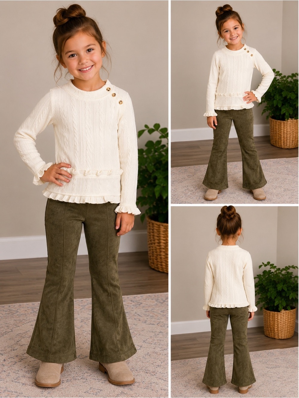 Bonnie Jean Ivory Cable Knit Sweater & Olive Flare Pants Outfit | Girls Size 5
